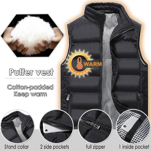 Mens Puffer Vest Quilted Outerwear Winter Warm Down Puffy Vests Lightweight Casu - Picture 2 of 5